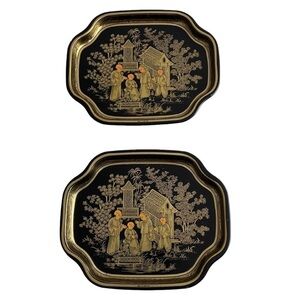 Set of 2 Small Tin Trays Gold Gilded Oriental Scene